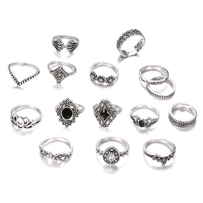 

Women Bohemian Crystal Flower Leaves Hollow Gem Ring Jewelry Set