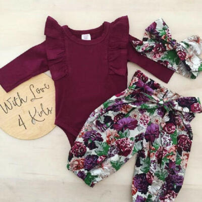 

US Boutique Toddler Baby Girl Bodysuit Romper Tops Floral Pants 3Pcs Outfits Set