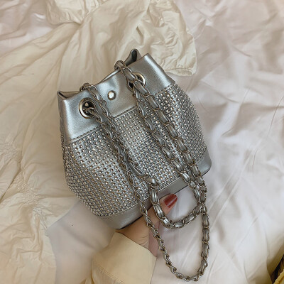 

Tailored Fashion Women Sequins Handle Bag Bucket Leather Bag Diamonds Chain Shoulder Bags