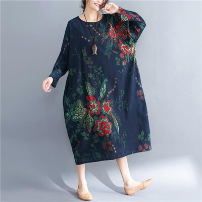 

Vintage Women Cotton Linen Dress O Neck Raglan Three Quarter Sleeve Print Pockets Casual Plus Size Loose Midi Dress
