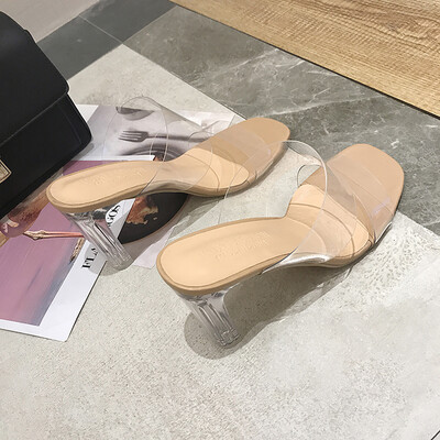 

Net red crystal slippers women wear fashion Joker drag the new square head thick heels transparent sandals women
