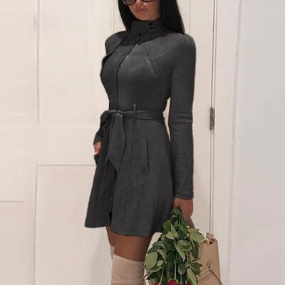 

Womens Ladies Fashion Casual Coat Tops Solid Zipper Waist Belt Slim Fit Coats