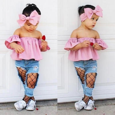 

Pretty Toddler Kids Girls Off Shoulder Tops Denim Pants Jeans 3Pcs Outfits Set Clothes