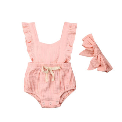 

Summer Newborn Baby Girls Set Flare Sleeve Backless Rompers Solid Pattern Cotton One-Piece Romper Headband 2Pcs Romper Sets