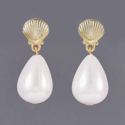

Shell Pearl Bead Dangle Earrings Studs with Alloy Stud Earring Findings&Cardboard Boxes Golden 3132mm Pendant 21x13mm P