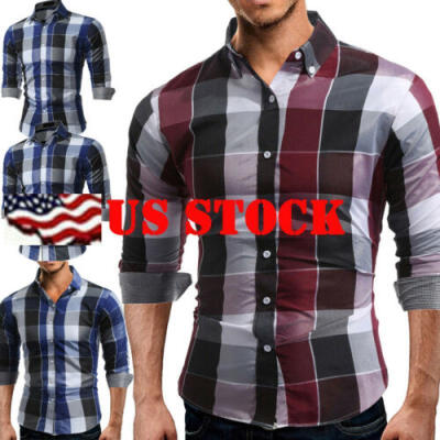 

Fashion Mens Slim Fit Plaid Shirt Long Sleeve Cotton Dress Shirts Casual Tops