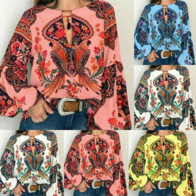 

Plus Size Women Floral V-Neck Long Lantern Sleeve Oversize Blouse T Shirt Top
