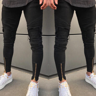 

Men&39s Slim Fit Moto Biker Jeans Distressed Skinny Ripped Hole Frayed Denim Pants