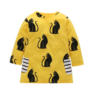 

Casual Cartoon Cat Girls Autumn A-line Dress Cotton Long Sleeve Clothes