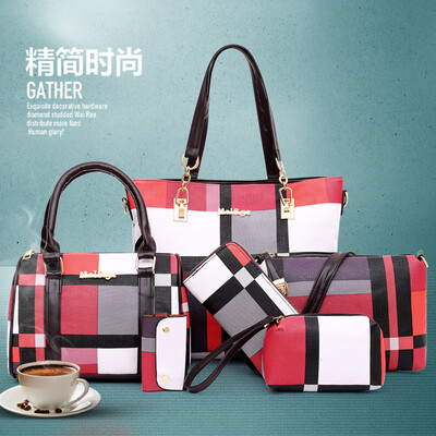 

Foreign trade new womens bag fashion child six-piece suit hit color lattice bucket type Korean version of the shoulder