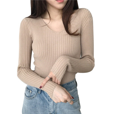 

Slim Autumn Sweater Women Fashion Casual V-Neck Sweaters Solid Color Winter Basic Tops Wild Long Sleeve Sweat Shirts