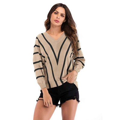 

〖Follure〗Womens V-Neck Stripe Matching Long-Sleeved Slim Sweater Pullover Sweater