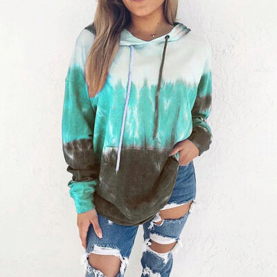 

Women Loose Hoodies Hooded Sweatshirt Drawstring Contrast Color Ombre Printed Front Pocket Pullovers Autumn Spring Casual Tops Str
