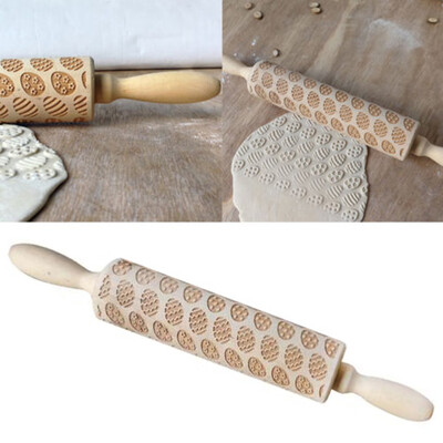 

Toponeto Easter Rolling Pin Engraved Carved Wood Embossed Rolling Pin Kitchen Tool