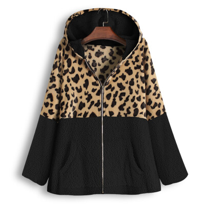 

Tailored Women Zipper Leopard Patchwork Coat Pocket Fleece Hooded Pullover Top Sweater