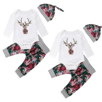

Newborn Toddler Baby Boy Girl Deer Tops Romper Floral Pants Hat Xmas Outfit Set
