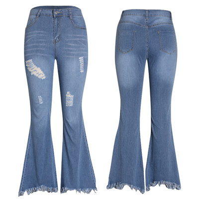 

Tailored Fashion Women Seasons Casual Holed Whitening Fringed Jeans Bell-bottoms Pants