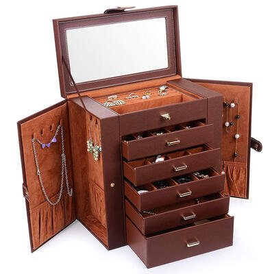 

Faux Leather Jewelry Box Mirror Brown Necklace Ring Storage Lockable Case