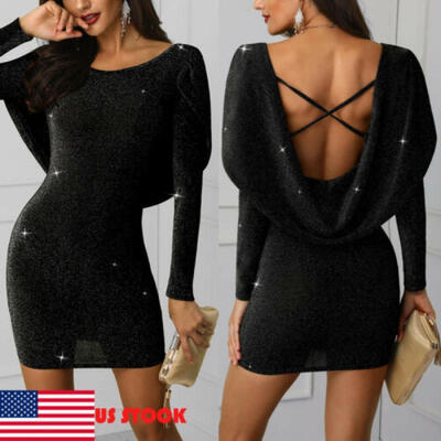 

USA Women Sexy Backless Bodycon Dresses Slim Glitter Elegant Ladies Party Dress