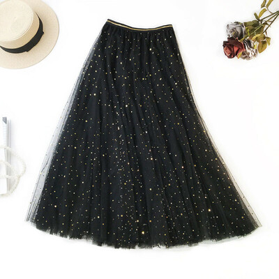 

Summer Women Fashion Pleated A-Line Tulle Party Ball Gown Sequins Long Skirt Hot