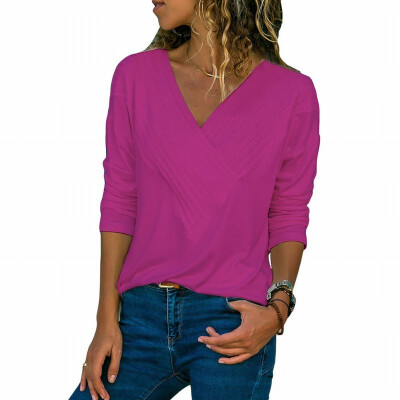 

Solid color V-neck long-sleeved slim T-shirt casual ladies shirt top