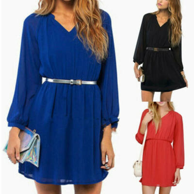 

Women Chiffon Summer Long Sleeve Casual Loose Sundress Tops Mini T-shirt Dress