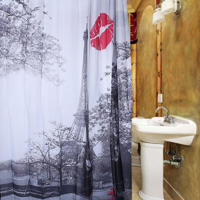 

Waterproof Polyester Shower Curtain Cityscape Grey Paris Eiffel Tower Red Lip Pattern with 12 Plastic Hooks