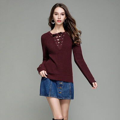 

PREISEI Spring Autumn Fashion Casual Slim Solid Long Sleeve V-Neck Knitted Sweaters Ladies Pullover Women Tops