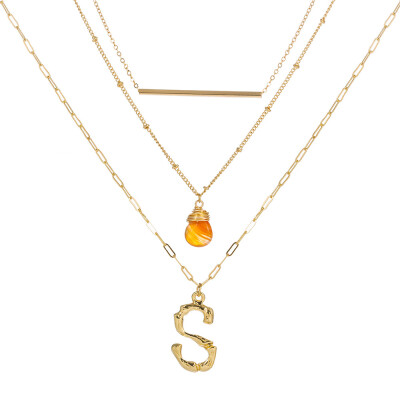 

Small Orange stone Gold Metal Bamboo 2cm 26 Letter Alphabet A-Z Minimalist Initial Pendant Necklace Fashion Twist Chain Jewelry