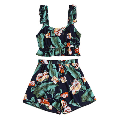 

Floral Print Backless Ruffle Crop Top High Waist Shorts Women Two-piece Suit