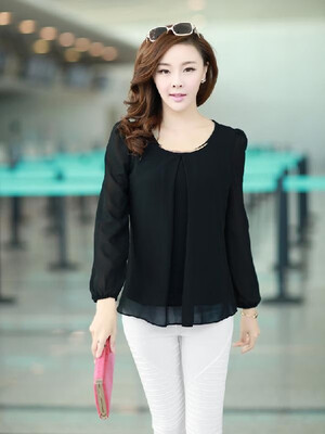 

New Fashion Women Chiffon Blouse Long Sleeve Round Neck Pleated Shirt Loose Tops Yellow