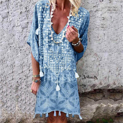 

Fasion Women Boho Cotton Linen Maxi Dress Bat Sleeve Casual Kaftan Tunic Plus Size