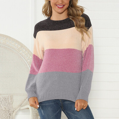 

〖Follure〗Women Casual O-Neck Pullover Patchwork long Sleeve Knitted Loose Sweater Tops