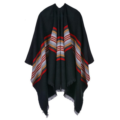 

Women Poncho Cardigan Sweater Contrast Color Striped Cashmere Capes Shawl Scarf Outerwear