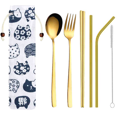 

Toponeto Stainless Steel Dinnerware Set Metal Straw Spoon Fork Chopsticks Tableware 6 Pcs