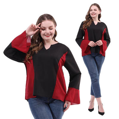 

Plus Size V-neck Chiffon Tops Women Long Sleeve T-shirts Splicing Color Tee
