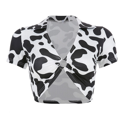 

Sexy Cow Print Print Hollow Ring Lapel T Line Ladies Summer Short Exposure Navel Short Sleeve Shirt