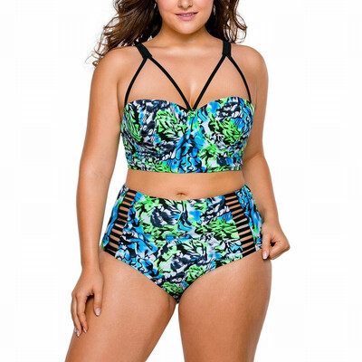

Tube top printing strip steel strap with chest pad high waist Plus Size split swimsuit