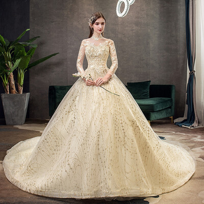 

Gold Lace Muslim Wedding Dress With Big Train 2019 New High Neck Full Sleeve Wedding Gown Vintage Bridal Gown