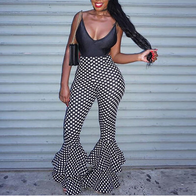 

Tailored Women Sexy Mid Waist Skinny Dot Ruffles Flare Long Length Casual Pants