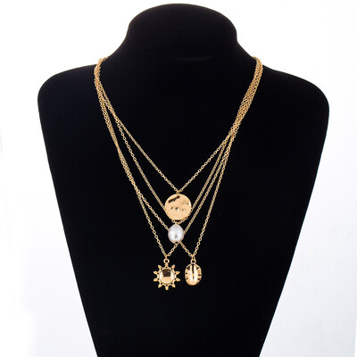 

Punk Multi Layered Pearl Choker Necklace Collar Statement Sun Irregular Coin Crystal Pendant Necklace Women Jewelry 2019
