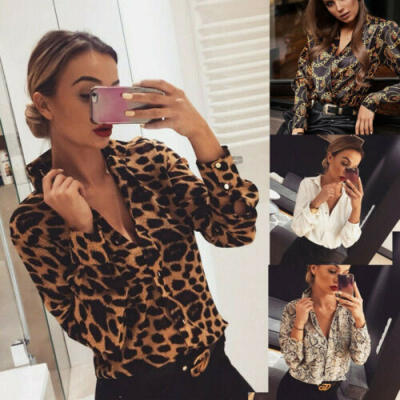 

Women Sexy Autumn Leopard Print Long Sleeve Button V Neck T Shirt OL Blouse Tops