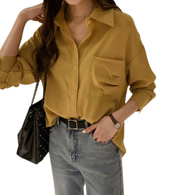 

2019 Women Autumn New Pockets Blouse Korean Fashion Loose Solid Color Long Sleeve Shirts Yellow Plus Size 2XL Femme Blouses