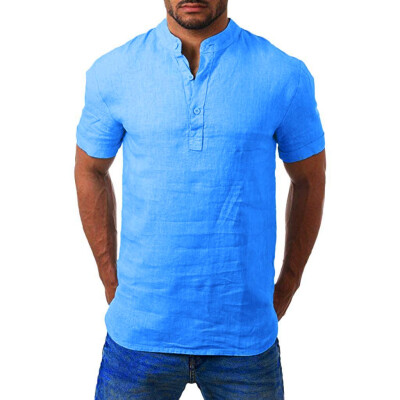 

Toponeto Men Henry Short Sleeve Slim Solid Linen Shirts Male Casual Business Fit Blouse