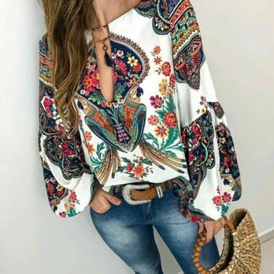 

Women Boho Floral Print Long Sleeve Tops Oversize Loose Tunic Top Blouse T-Shirt