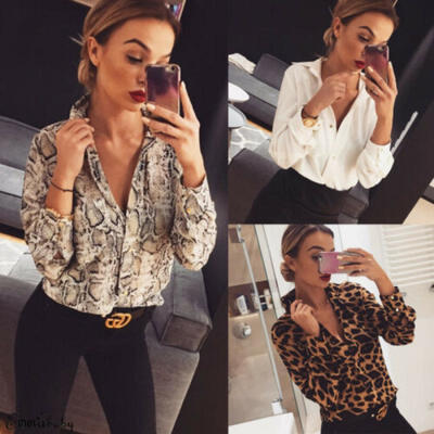 

AU Women V Neck Ladies Leopard Print Long Sleeve Loose TShirt Tops Blouse Casual
