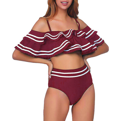 

Roseonmyhand Women 2 Piece Vintage Ruched Flounce Stripe Crop Top Bottom Bikini Set Swimwear