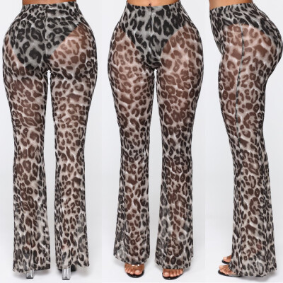 

Women High Waist See Through Flared Leg Mesh Summer Beach Long Pants Trousers