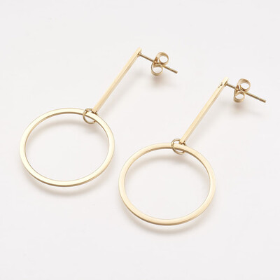 

304 Stainless Steel Dangle Ear Studs Ring Golden 51x25x1mm pin 07mm