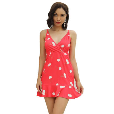 

Cherry Print Fold Dress Women Sling V-neck Sleeveless High Waist Dresses